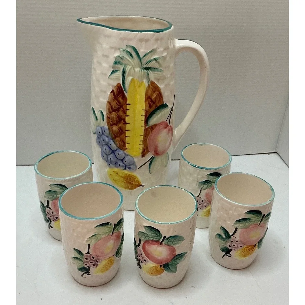 Vintage Pitcher and 5 Cup Set Fruit Basketweave Ceramic Tropical Cream